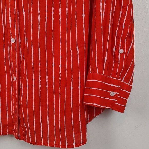 Lauren Ralph Lauren Orange and White Striped Roll Tab Sleeve Button Down Blouse - Picture 4 of 11